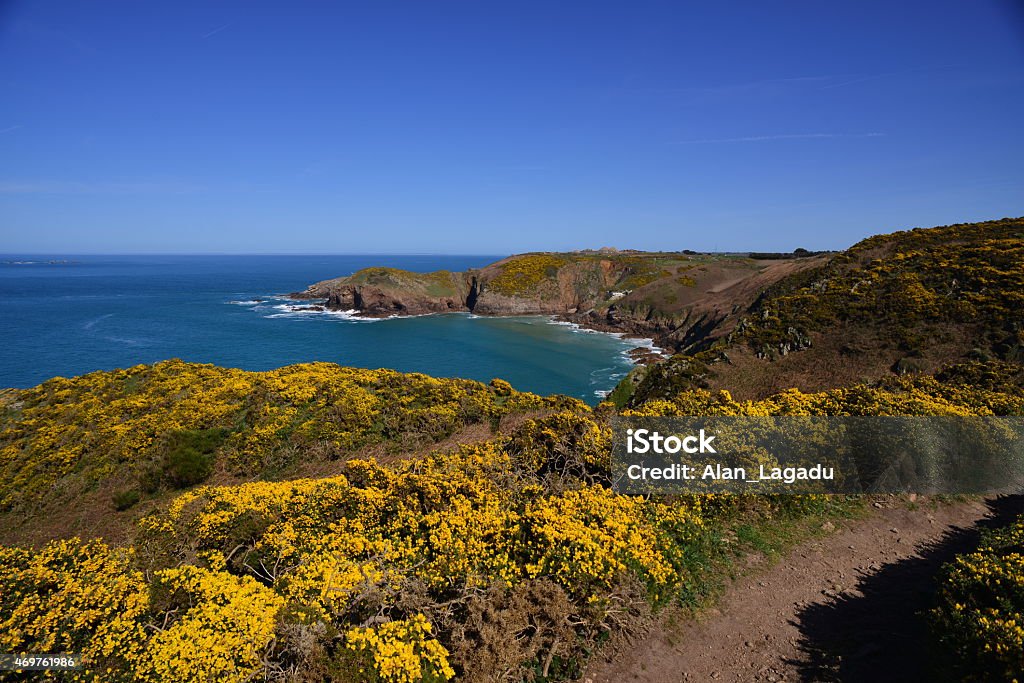 Plemont Bay, Jersey, U.K. Wide angle image of a footpath to the beach. 2015 Stock Photo