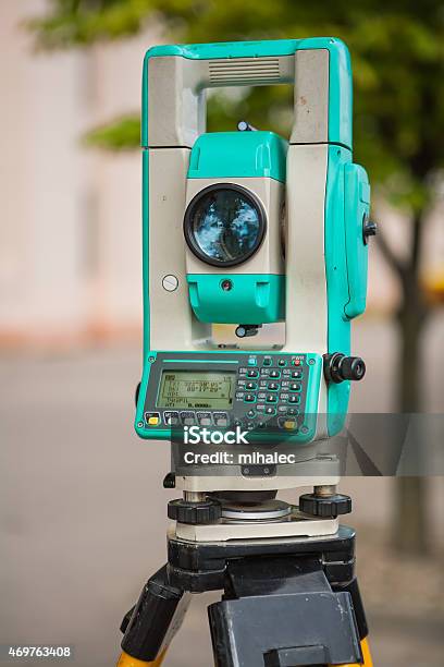 View On Theodolite Close Up Stock Photo - Download Image Now - 2015, Close-up, Construction Industry