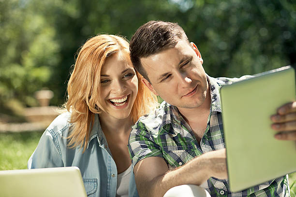 istock Communication and relationship concept. Young cheerful couple of 469773112
