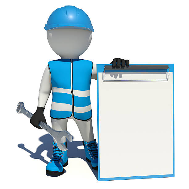 istock Worker in blue overalls holding wrench and empty clipboard. Isolated 469773984