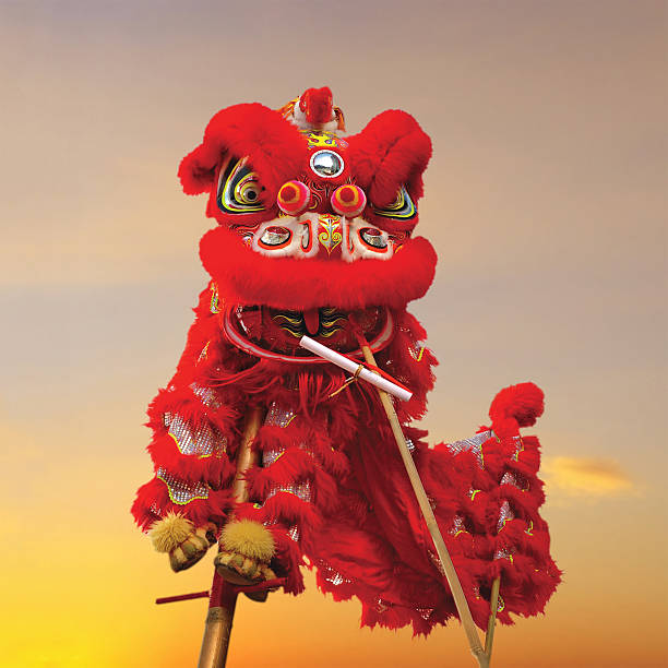 maschera da leone cinese (per la celebrazione del capodanno cinese) - lion dance foto e immagini stock
