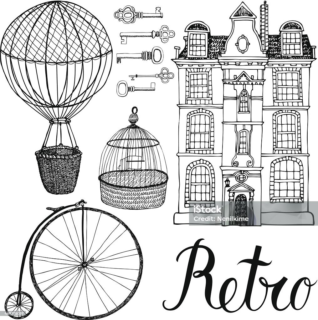 Retro objects, house and transport. Hand drawing and calligraphy Retro objects, house and transport. Hand drawing and calligraphy set House stock vector