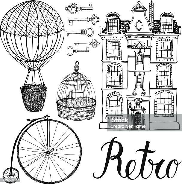 Retro Objects House And Transport Hand Drawing And Calligraphy Stock Illustration - Download Image Now