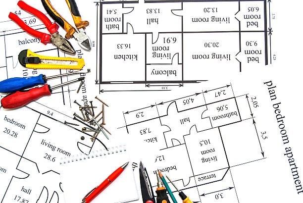 апартаменты план с рабочий инструмент - paperwork house work tool pencil стоковые фото и изображения
