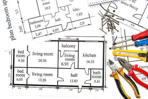 апартаменты план с рабочий инструмент - paperwork house work tool pencil стоковые фото и изображения