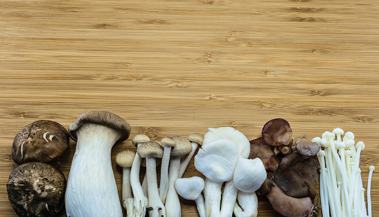 From left; Shiitake, King trumpet mushroom (Eringi), Brown beech mushroom (Shimeji), Indian Oyster mushroom, Jew's ear Mushroom, Golden needle mushroom (Enokitake)