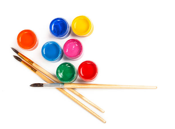 gouache of paint and brush gouache of paint and brush on white background child paintbrush stock pictures, royalty-free photos & images