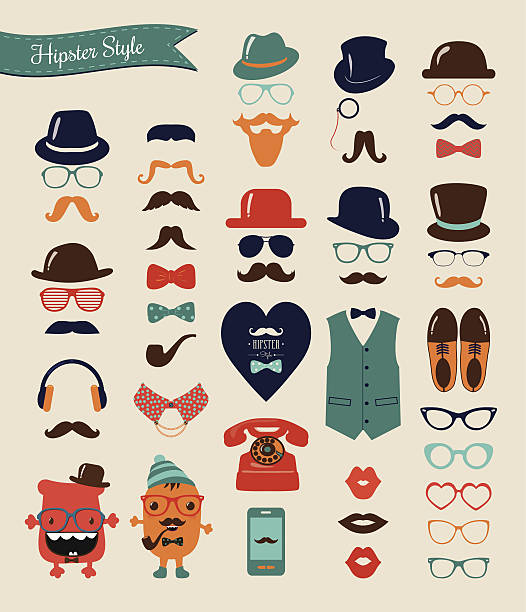 illustrations, cliparts, dessins animés et icônes de ensemble d'icônes vintage rétro de hipster - necklace jewelry monocle symbol