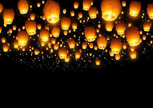 Chinese Fly Lanterns A large collection of flying chinese lanterns. lantern stock pictures, royalty-free photos & images