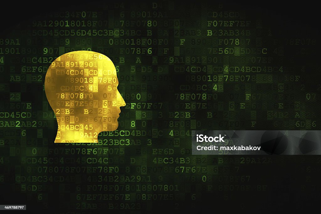 Education concept: Head on digital background Education concept: pixelated Head icon on digital background, empty copyspace for card, text, advertising, 3d render Finance Stock Photo