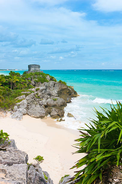 istock Beautiful empty Caribbean beach in Tulum with Mayan temple 469791985