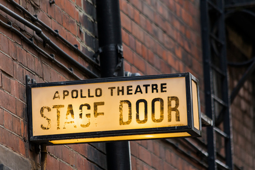 London, United Kingdom - December 4, 2013: The illuminated Stage Door sign outside the Apollo Theatre in London's West End. The Apollo Theatre is a Grade II listed West End theatre, on Shaftesbury Avenue in the City of Westminster, in central London. Designed by architect Lewin Sharp for owner Henry Lowenfeld,it became the fourth legitimate theatre to be constructed on the street when it opened its doors on 21 February 1901.