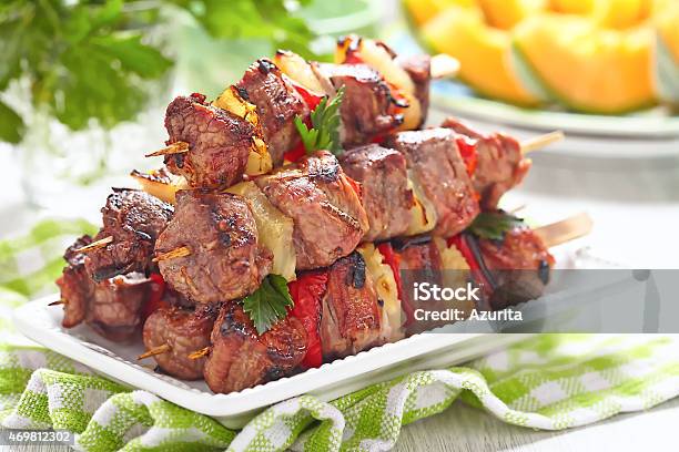 Grilled Kebab With Pepper And Pineapple Stock Photo - Download Image Now - 2015, Backgrounds, Chicken Meat