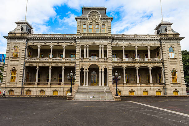Honolulu, HI, USA - April 2, 2013: Main front entrance of Iolani Palace in downtown Honolulu when it closed to visitors for routine maintenance.