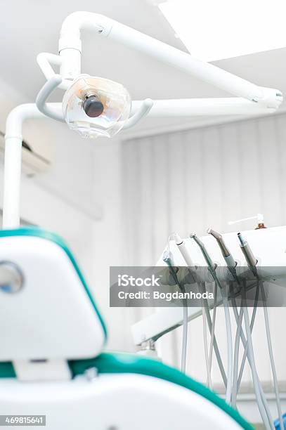 Closeup View Of Dental Tools And Professional Chair At Dentist Stock Photo - Download Image Now