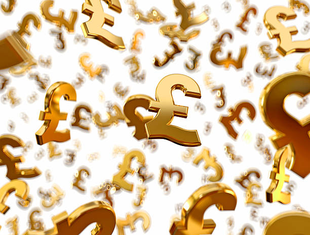 Golden pound sterling signs raining. Golden pound sterling signs falling on the white background. pound sign stock pictures, royalty-free photos & images