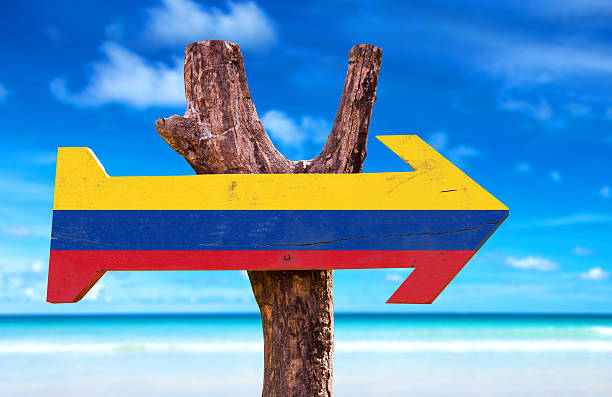 istock Colombia Flag sign with a beach on background 469816988