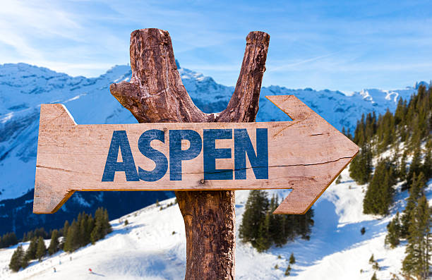 aspen wooden sign with alps background - vail eagle county colorado stockfoto's en -beelden