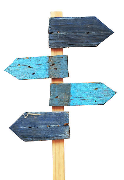 istock Wooden arrows road sign isolated on white 469817309