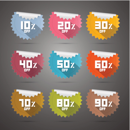 Vector 10% off, 20% off, 30% off, 40% off, 50% off, 60% off, 70% off, 80% off, 90% off, Stickers, Labels