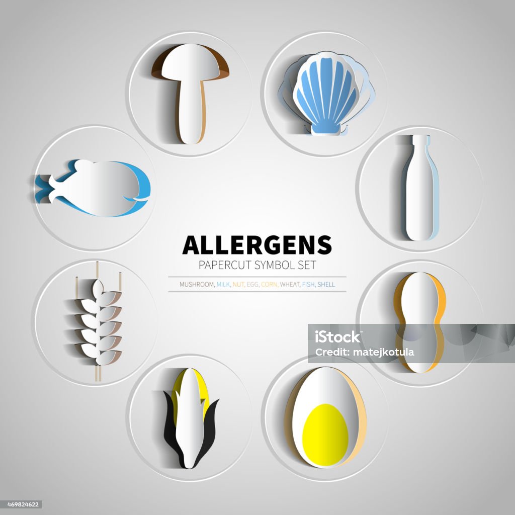 Vector icons set for papercut allergens products Vector icons set for papercut allergens products (milk, fish, egg,  wheat, nut, lactose, corn, mushroom, shell) Food stock vector