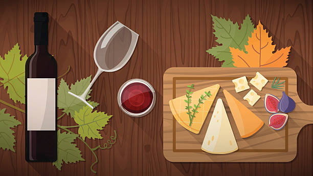 illustrazioni stock, clip art, cartoni animati e icone di tendenza di degustazione di vino con il cibo - wine cheese food cellar