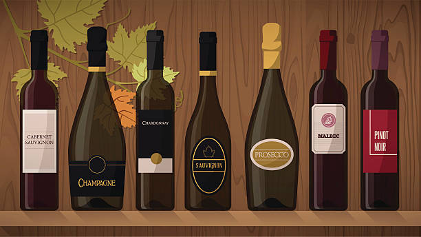 Collection of wine bottles Collection of luxury wine bottles with labels on a wooden shelf with vine leaf on background wine italian culture wine bottle bottle stock illustrations