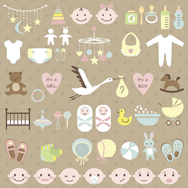 Baby shower set Set of baby shower flat elements. Vector illustration bean bag illustrations stock illustrations