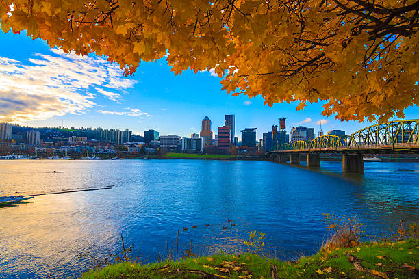 Portland, Oregon Waterfront View of Portland, Oregon overlooking the willamette river on a Fall Afternoon portland oregon photos stock pictures, royalty-free photos & images