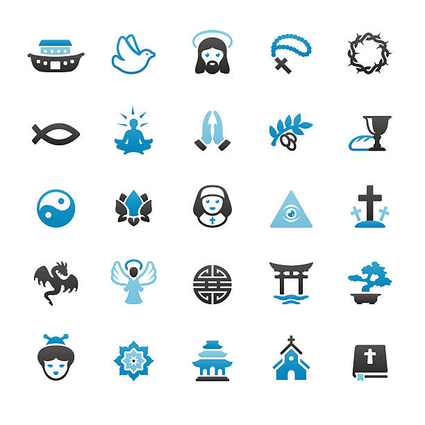 Religion related vector icons Christianity and Budhism religion related vector icons collection. Three-color palette /Isolated on white/ Quartico set #44 / isolated png-24 version 5000×5000 px included / nun praying cross human hand stock illustrations