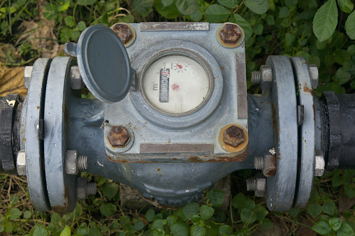 Old and rust water meter with black plastic pipe in garden.