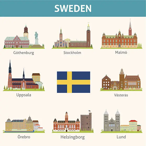 Vector illustration of Sweden. Symbols of cities