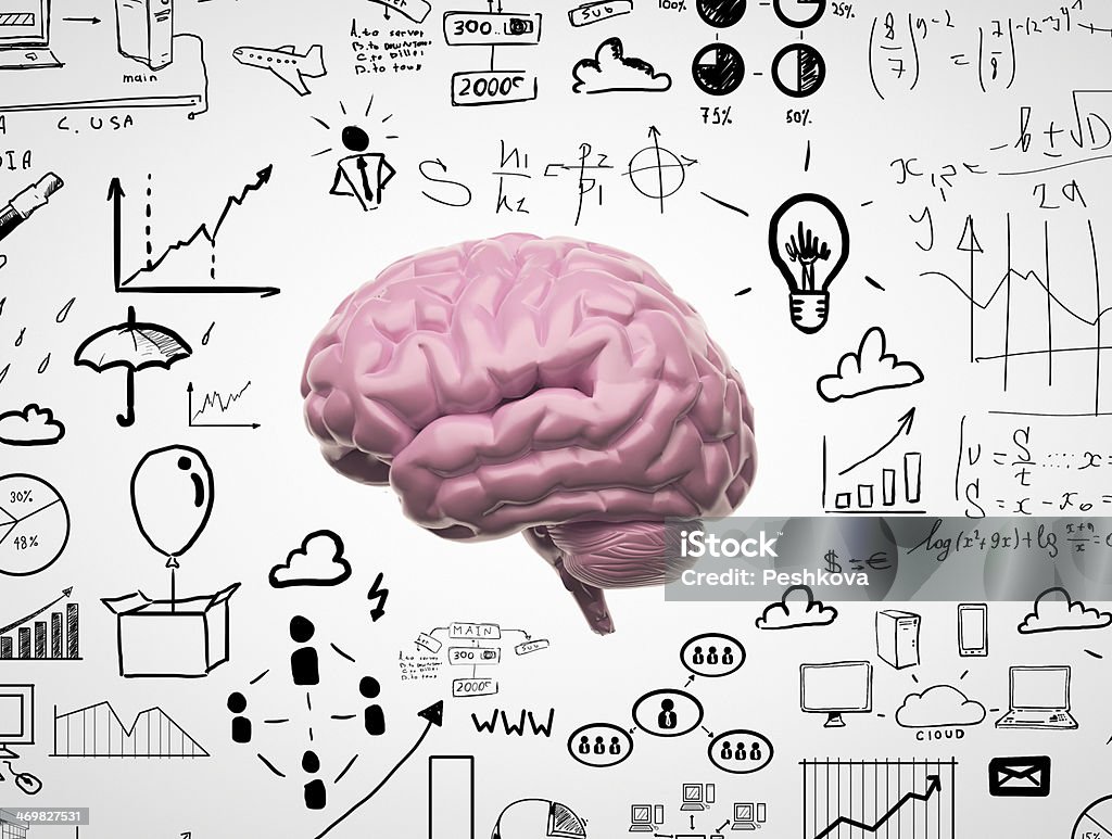 Brain with drawings around it brain 3d with speech bubbles Abstract Stock Photo