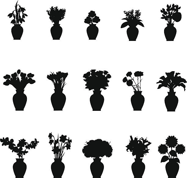 bouquet verschiedenen blumen in einer vase kollektion - blumenvase stock-grafiken, -clipart, -cartoons und -symbole