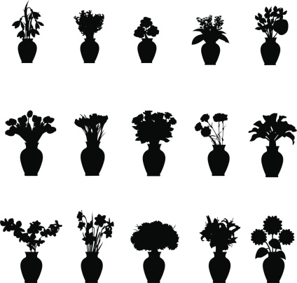 Bouquet different flowers in vase collection silhouettes isolated on white background