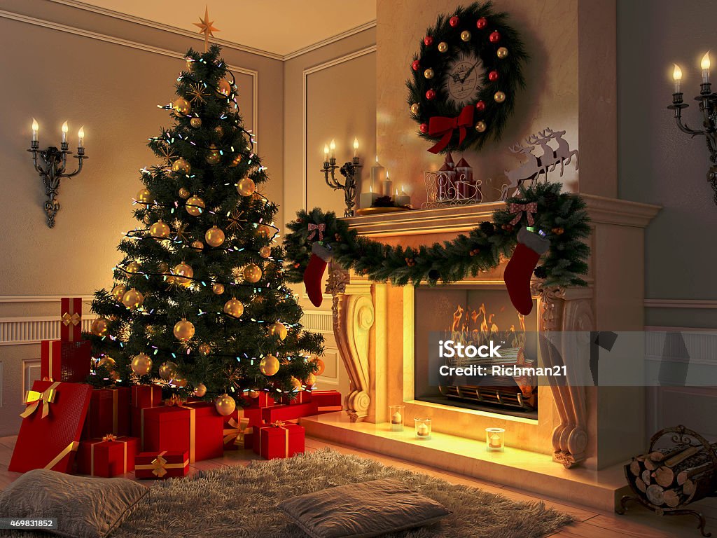 New interior with Christmas tree, presents and fireplace. Postcard. Christmas Stock Photo