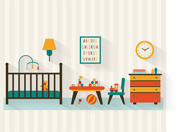 ilustraciones, imágenes clip art, dibujos animados e iconos de stock de bebé habitación - parvulario dormitorio