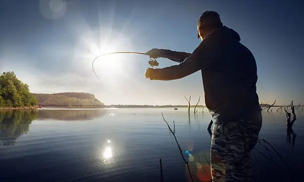 Photo of Male fishing at sunset on lake