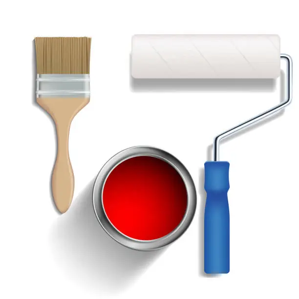 Vector illustration of Paint roller, brush and a bucket of paint.