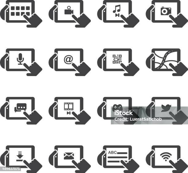 Tablet Digital Funções Silhueta De Ícones - Arte vetorial de stock e mais imagens de Computação em nuvem - Computação em nuvem, Câmara de Vídeo, Fotograma de Vídeo