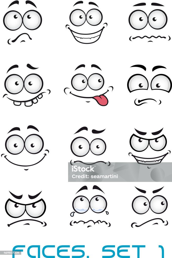 Diferentes caras de dibujos animados con las emociones - arte vectorial de Cara sonriente antropomórfica libre de derechos