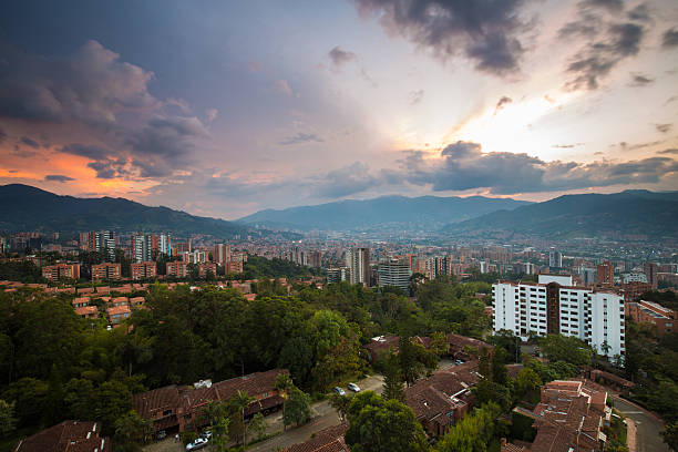 The skyline of Medellin, Colombia at sunset