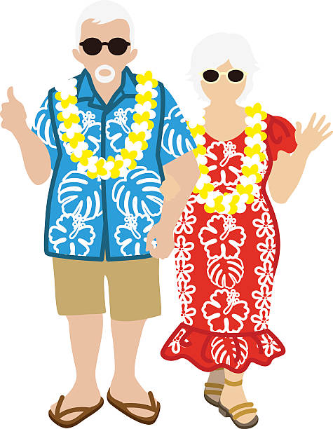 ilustrações, clipart, desenhos animados e ícones de casal de idosos ativos, hawaiian'isolado - women full length mature women white background