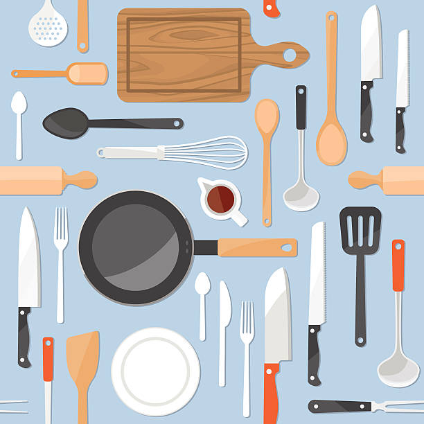 ilustrações de stock, clip art, desenhos animados e ícones de ferramentas de cozinha sem costura padrão - cutting board cooking wood backgrounds