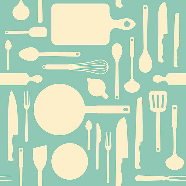 Vintage kitchen tools pattern Vintage kitchen and cooking tools seamless pattern with kitchenware equipment on light blue background chef backgrounds stock illustrations