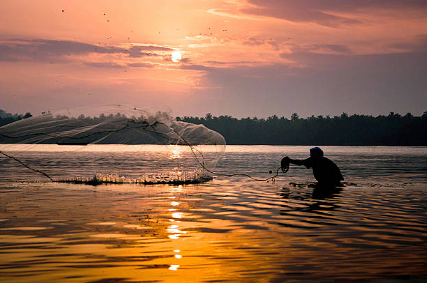 Kochi, Kerala, India - March 19, 2015. A group of men hauling in a Chinese fishing net at sunset in Kochi, India.