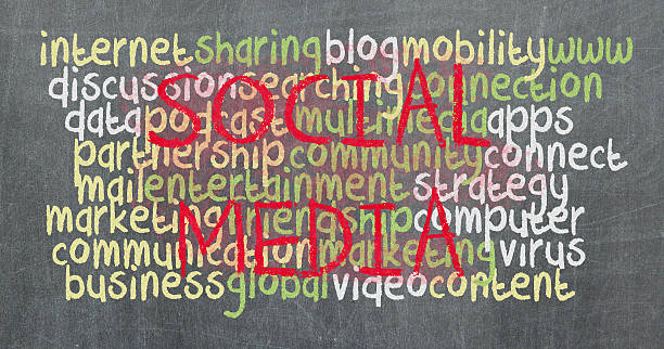 istock Conceptual hand drawn social media flow chart on black chalkboar 469844235