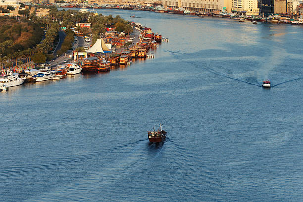 Dubai, UAE - January 18, 2014: Dubai, UAE: The Creek with Bur Dubai as a background. The Dowhs are still very much part of the daily life
