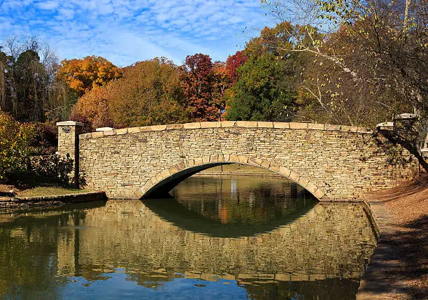 The stone bridge at Freedom Park in Charlotte, NC in the fall season