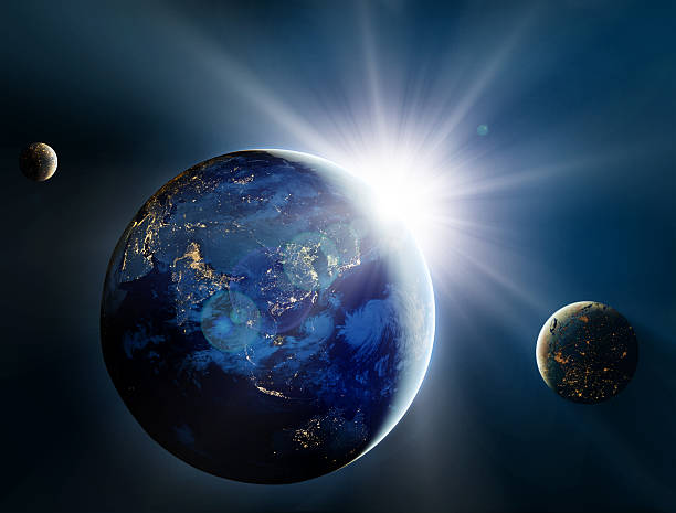 istock Satellite view of earth during sunrise with other planets 469850089